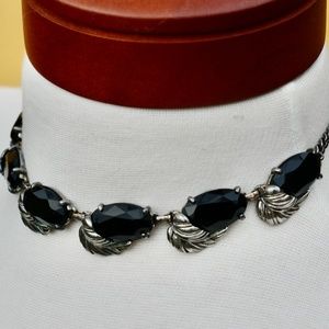 Schiaparelli Vintage Necklace/Earrings Black Glass Silver Leaves